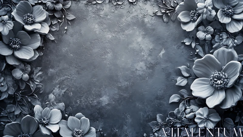 Monochrome Floral Border Framing Textured Stone Surface.