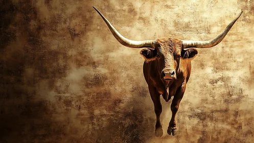 Longhorn bull portrait against distressed golden wall.