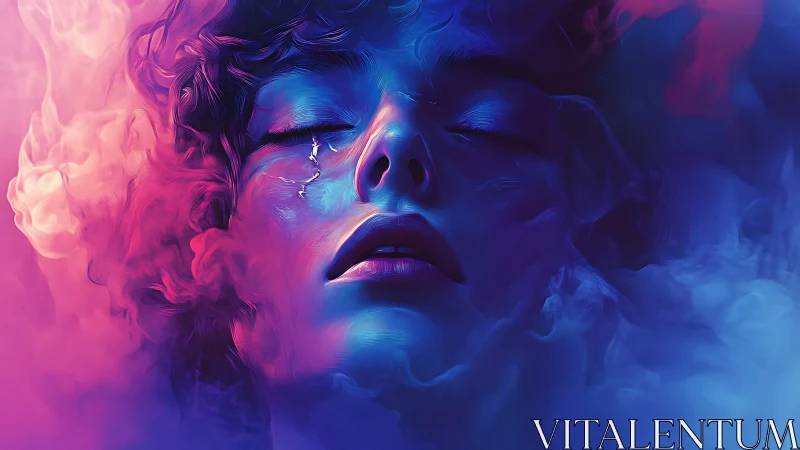 Iridescent portrait layers neon magenta and cyan volumetric fog