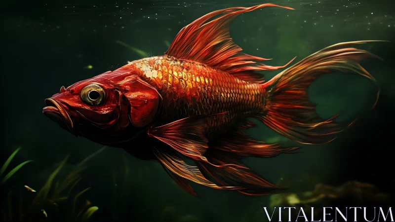 Hydrodynamic study of a red ornamental fish in dim aquatic field.