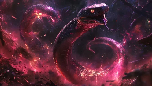 Cosmic serpent vortex in luminous magenta nebular field.