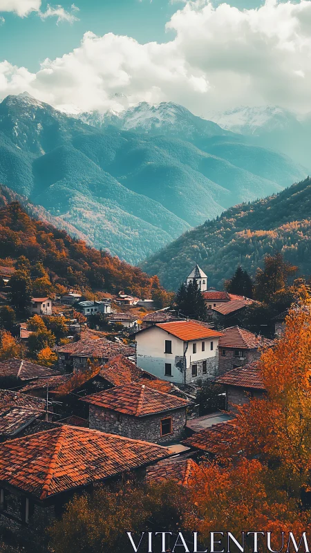 Mountain village glows beneath teal skies and autumn fire.