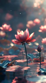 Serene pink lotus blooms quietly in a dreamy twilight pond