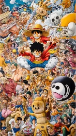 Crowded One Piece anime collage with Luffy leading charge.