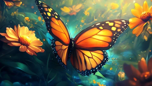 Monarch butterfly in stylized garden with orange flowers.