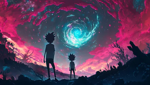 Starry portal swirls above two explorers in neon dusk