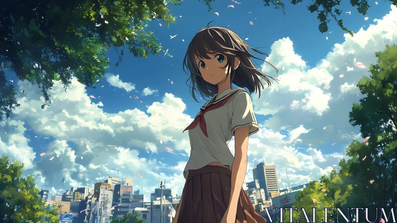High-detail anime schoolgirl under dynamic cumulus sky in city
