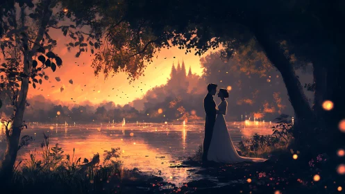 Silhouetted Couple Embracing Beneath Luminescent Arbor at Dusk.