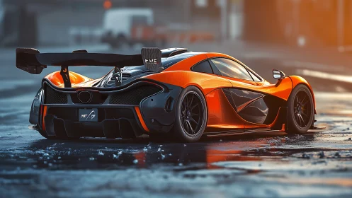 Sunrise predator hypercar idling on rain-slick asphalt streets.