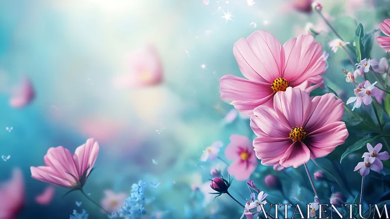 Pink Cosmos Flowers Dance in Luminous Turquoise Dream.