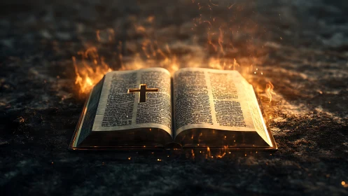 Illuminated open Bible on scorched ground with rising flames