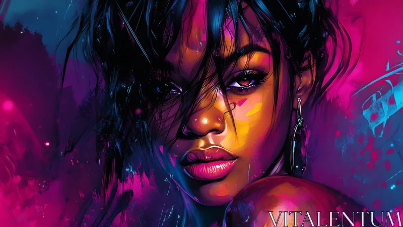 Digital portrait shows close-up face in neon color lighting