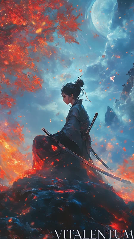 Samurai figure sits on rocky slope under moonlit sky