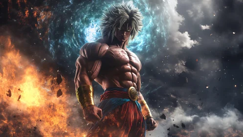 Stormborn gladiator between firestorms and galaxies.