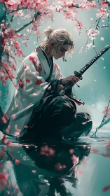 Samurai meditates by reflective pond under sakura bloom.