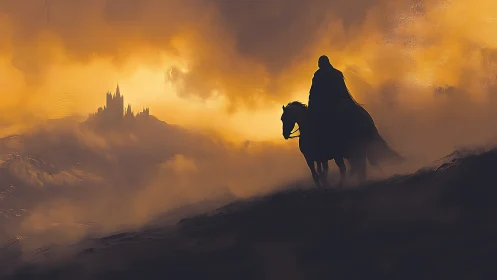 Silhouetted rider approaching distant castle in dense fog.