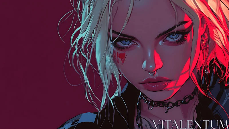 Cyberpunk rebel girl glares under neon red and teal light