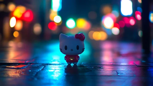 Mini cat figurine under neon bokeh with shallow depth of field