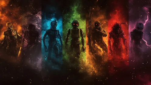 Cosmic guardians of shadow and light stand in spectral rows.