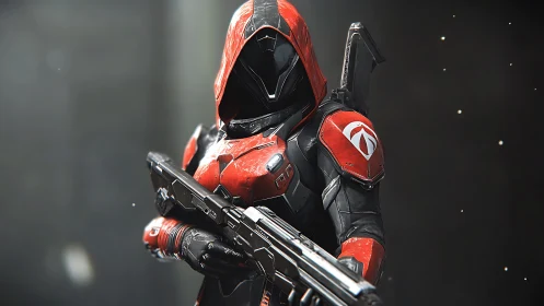 Armored sci fi soldier in red hood with heavy rifle.