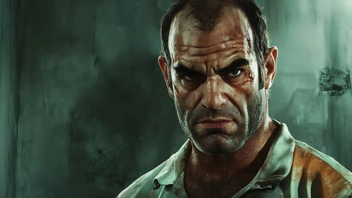 Battle-scarred prisoner glares ahead in stark green light