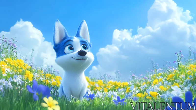 Blue-eyed cartoon puppy gazes upward in luminous flower meadow