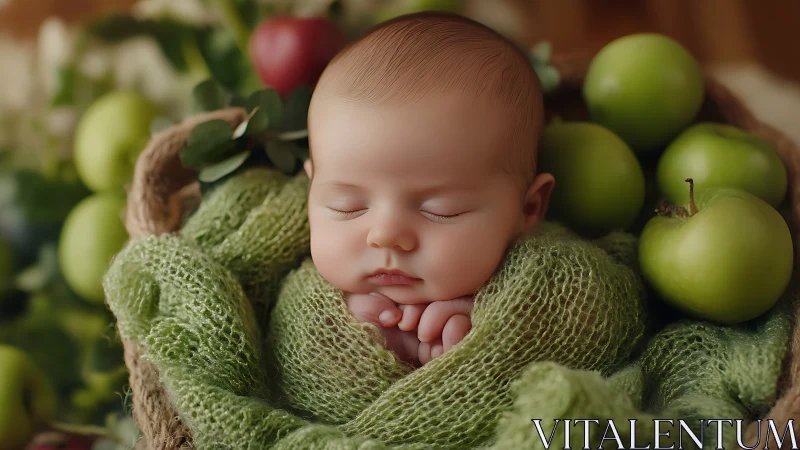Precious Newborn Nestled Among Fresh Green Apples