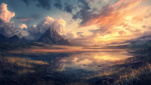 Spectral alpine peak mirrored in high-dynamic-range sunset lake.