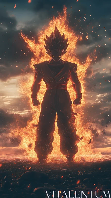Fiery anime warrior stands tall amid blazing storm clouds