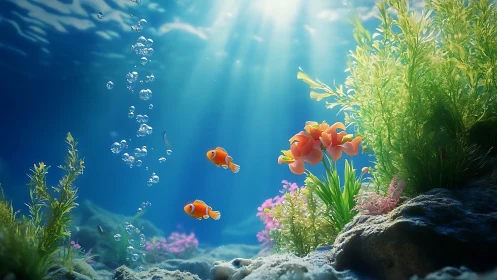 Sunlit coral reef with clownfish drifting in clear water.