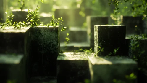Sunlit mossy concrete blocks suggest nature’s quiet return