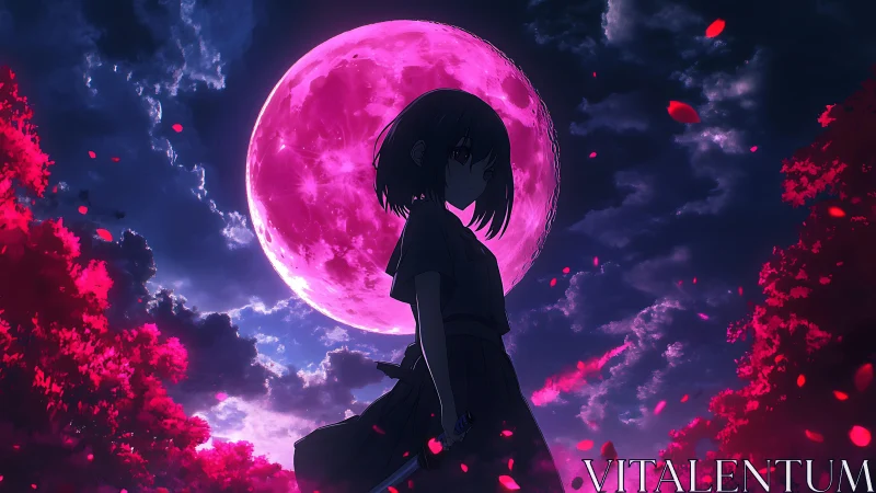 Moonlit blade girl beneath neon crimson twilight sky.