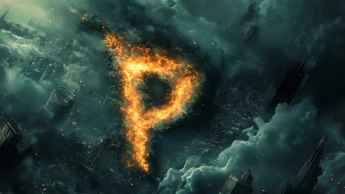 Fiery glyph over collapsing dystopian megacity environment.