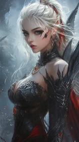 Bloodwing enchantress crowned in stormlit obsidian armor.