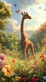 Young giraffe stands in wildflower meadow under bright sky