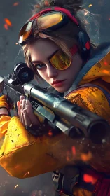 Tactical operator with amber goggles stands ready in fiery chaos