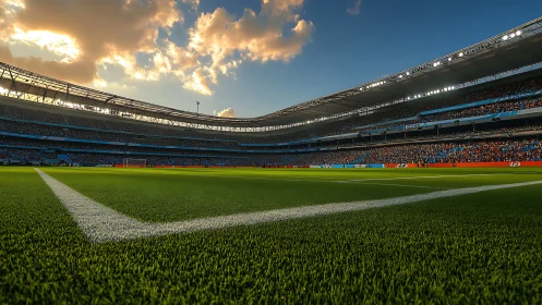 Sunlit soccer stadium corner under crowded evening stands.