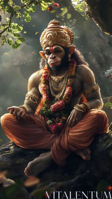 Seated anthropomorphic monkey figure in ornate attire outdoors.