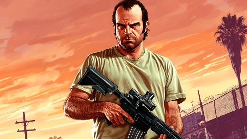 Militarized urban antihero under saturated sunset sky.