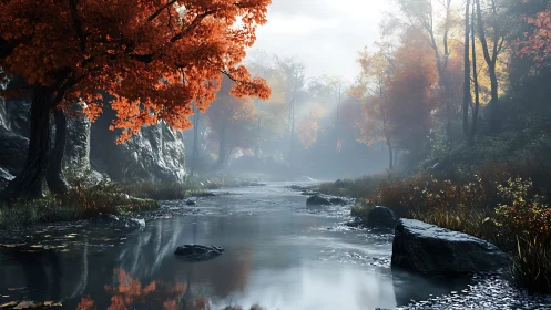 Foggy autumn forest river with reflective water surface rendering