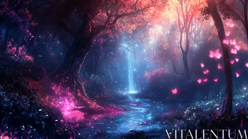 Neon Forest Stream: Ethereal Glow Through Dark Woods.