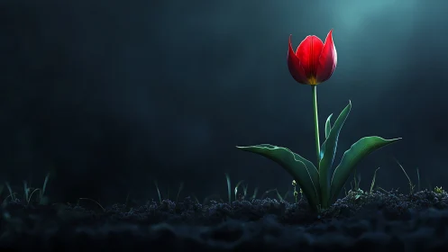 Single red tulip illuminated against deep blue nocturnal field