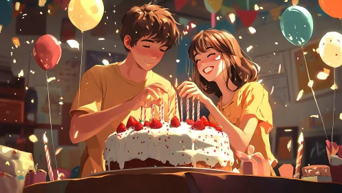 Animated couple celebrating birthday with illuminated layer cake and confetti precipitation