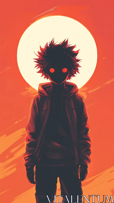 Backlit hooded silhouette under oversized white solar disc