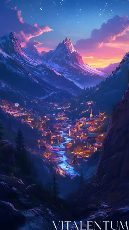 Twilight alpine village valley rendered in luminous digital painting
