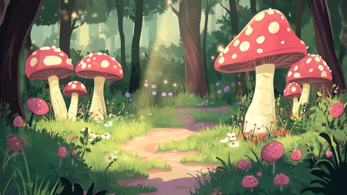 Enchanted Forest Clearing with Giant Red Toadstools and Luminous Vegetation