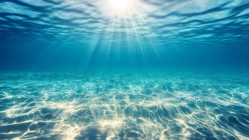 Sunlit shallow seafloor with radiant caustic light patterns.