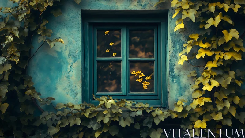 Teal wooden casement window framed by dense golden ivy foliage