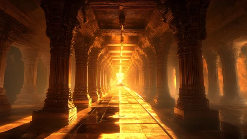 Ancient temple corridor glows under molten golden light.