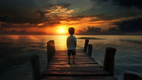 Child stands on wooden pier observing low-horizon sunset